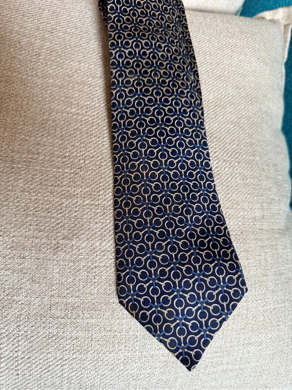 Hermes Navy Silk Tie with Interlocking Ring Pattern AUTHENTIC